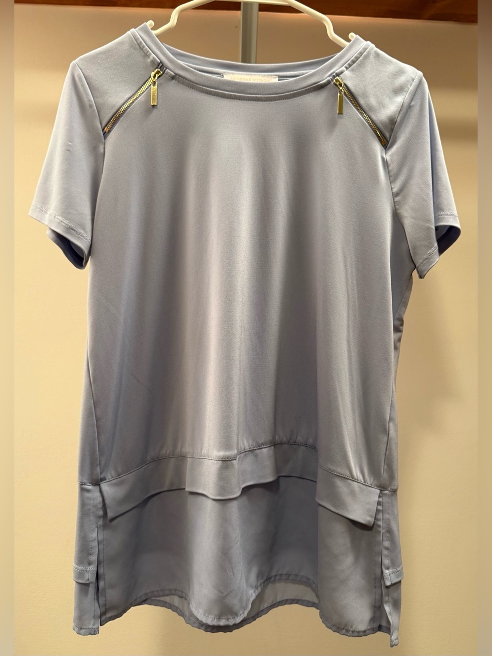 Adrienne Vittadini Light Blue Short-Sleeve Tunic with Gold Zippers